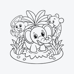 Jungle Pool Party Elephant Coloring Page Vector
