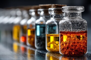 Bottles assortment holding liquids and objects in scientific laboratory research setting, with clear glass and cork stoppers