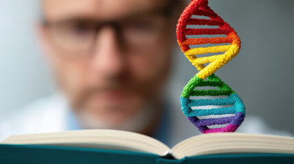 Closeup of queer medical student examining text with colorful DNA model above book, showcasing blend of science and identity