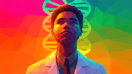 Vibrant, geometric illustration of young scientist with DNA helix in background, symbolizing innovation and discovery