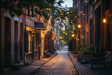 Obraz premium Cozy Cobblestone Alley with Brick Buildings and Warm Glowing String Lights