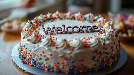 Whimsical Welcome Cake Adorned with Sprinkles and Chocolate Lettering Ready for a Celebration