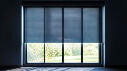 Modern roller blinds partially lowered on a large window, revealing a scenic outdoor view.