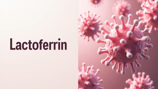 Lactoferrin. Lactoferrin text with pink viral particles close-up, medical research concept, healthcare background, immune system boost, scientific illustration, soft pink gradient, infection defense