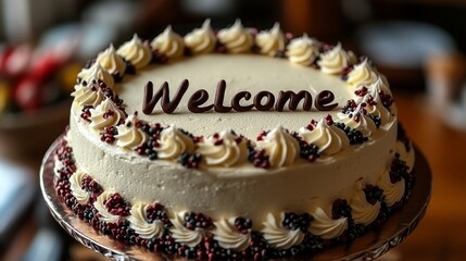 Inviting Sweetness: A Welcome Cake with Chocolate Lettering and Cream Swirls, celebrating greetings and gatherings in delicious style