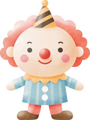 Watercolor illustration of a cartoon clown with party hat on transparent background.