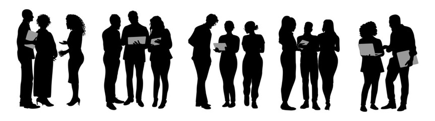 Black silhouettes of different business people, men, women standing, talking, brainstorming, communicating, using laptop, taking part in business activities. Set of Black vector illustrations isolated