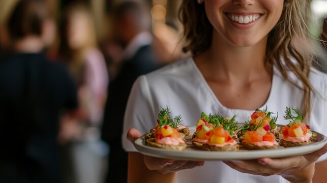 Smiling waitress holding plate of salmon canap?s at event.