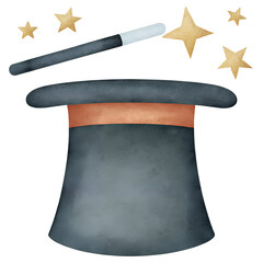Watercolor illustration of a magic hat with wand and stars on transparent background. © beyouenked