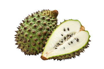 Whole and a half of a vibrant green and white custard  sit in the image.  The fruit is in sharp focus with a detailed view of the seeds within the section.