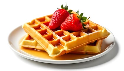 viennese waffles with strawberry and sweet syrup isolated on white background