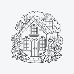 Fototapeta premium European Rose Cottage Coloring Page Vector Art