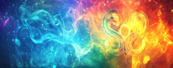 Fototapeta premium Abstract image featuring swirling colors and a central glowing figure