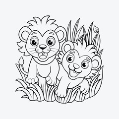 Playful Lion Cubs Coloring Page Vector Design