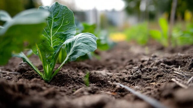 An up-close view of vibrant collard greens thriving in a rich, earthy garden soil, highlighting the vitality of nature and the importance of sustainable gardening.
