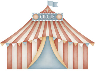 Watercolor illustration of a striped circus tent on transparent background. © beyouenked