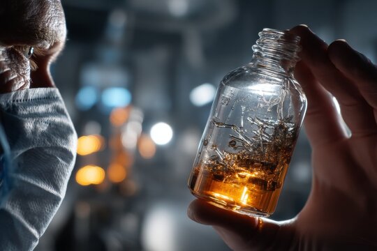 Elderly Person with Mask Holds Glass Vial Containing Shiny Liquid For Pharmaceutical Purposes Under Soft Lighting