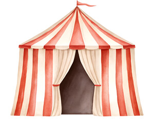 Watercolor illustration of a red and white striped circus tent on transparent background. © beyouenked