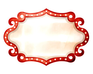 Watercolor circus sign with red border and lights on transparent background. © beyouenked