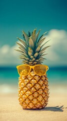 Pineapple with Sunglasses on Beach With Ocean in the Background