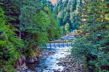 A small dam on the Capilano River in Capilano River Regional Park in North Vancouver. The mountain stream is surrounded by dense green forest