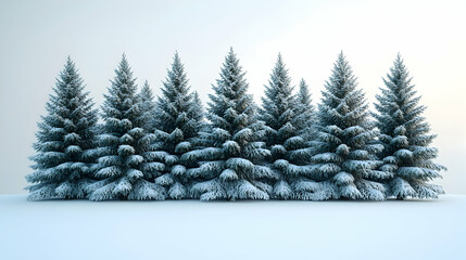 Fototapeta premium Row of snow-covered evergreen trees against a bright white background. Detailed view of the frosty pine trees