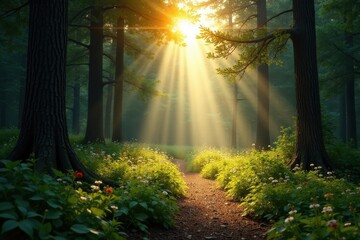 Obraz premium Sunlit Path Through a Mystical Forest, Illuminating a Serene Woodland Trail with Radiant Light Beams and Blossoming Flora