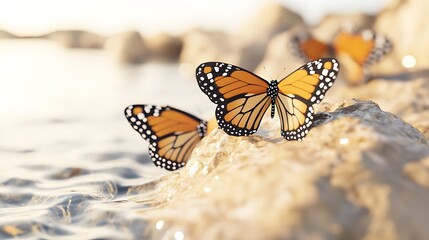 Obraz premium Monarch butterflies on rocks by water