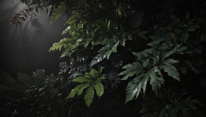 Deep shadows play on rich, dark tropical leaves and vines against a stark black background  Mysterious, dense foliage ,  black,  jungle,  illustration
