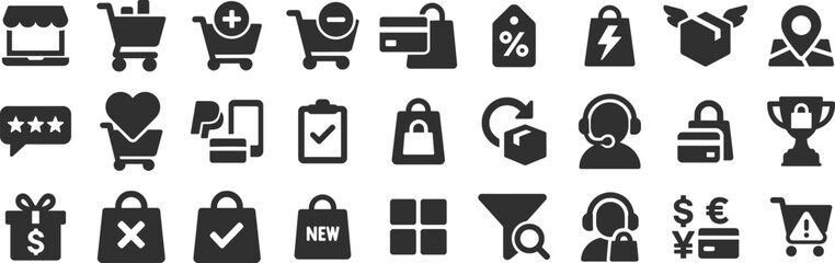 Online shopping glyph icon set. Vector pictograms of add, remove, product, discount, offer, sale, free shipping, delivery, map pin, return, customer support, black sign silhouette illustration.