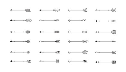 Vintage arrow set, Artwork element. Old ornament, straight stick with a sharp point. Vector ethnic arrows sketch illustration. Arrow indian style set. Hand drawn modern hipster illustration. 