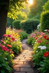 Naklejka premium Serene Garden Path at Sunset A Brick Walkway Winding Through Vibrant Blooms and Lush Greenery, Bathed in Golden Sunlight