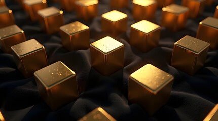 A mesmerizing arrangement of gleaming gold bars atop a rich, textured black fabric, evoking luxury and sophistication.