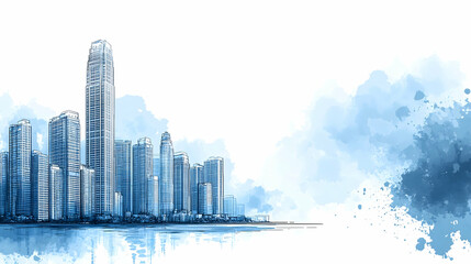 Fototapeta premium Cityscape sketch waterfront tall buildings reflected in calm water light blue watercolor wash background