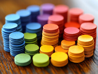 Colorful stacks of round discs arranged in a circular pattern on a wooden surface creating a vibrant and visually appea