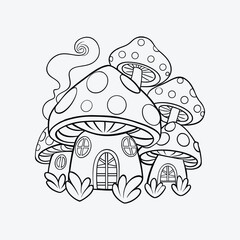 Mushroom Cottage Coloring Page Vector Design