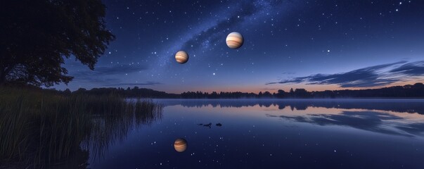 Fototapeta premium A tranquil lake reflecting planets and the night sky gracefully