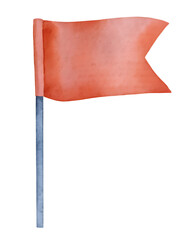 Watercolor illustration of a red circus flag on a pole on transparent background.