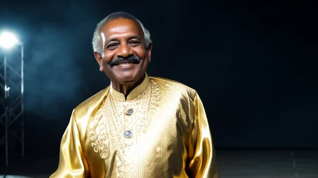 Dolly zoom video in of an elderly nigerian man in agbada, confidently walking on a stage under a single spotlight, he smiles