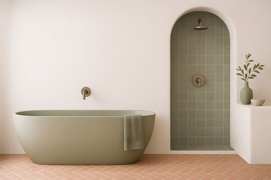 Modern Bathroom with Sage Green Tiles and Terracotta Floor