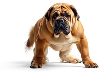 Large, muscular mastiff, alert expression, pure white backdrop, isolated, alert