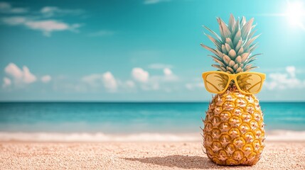 Pineapple with Sunglasses on Beach With Ocean in the Background