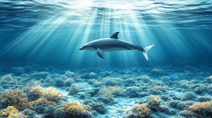 Fototapeta premium Anemone underwater reef with ray of sunlight showing the majestic dolphin swimming gracefully through the deep blue sea marine wildlife scene aquatic background