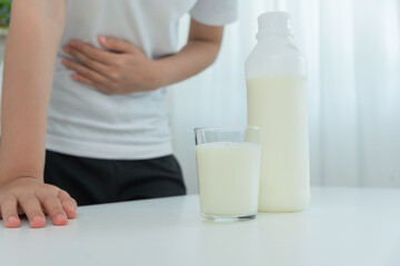 Milk allergens, Sick sad unhealthy ill allergic woman, runny stuffy sore nose suffer from...