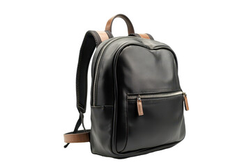 Naklejka premium Black leather backpack with tan trim details, angled view, showcasing its practical design.