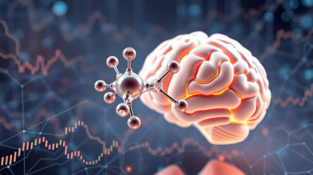 3D rendering of choline molecule floating beside a human brain, surrounded by abstract data lines, symbol of neuroscience and nutrition - Powered by Adobe