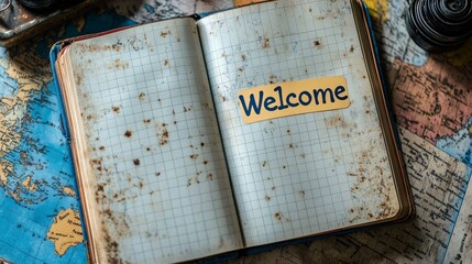 Vintage Travel Theme with Journal on Map Background showcasing a handwritten "Welcome" message adding a personal touch