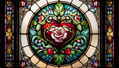 Stained Glass Window with Heart and Rose Design