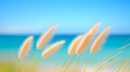 Seaside grasses with a view of the blue ocean, nature tranquility