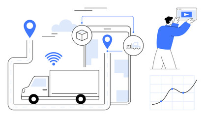Delivery truck on a route with tracking icons, wireless signals, data graphs, and a person viewing digital content. Ideal for logistics, transport, technology, tracking, data management supply